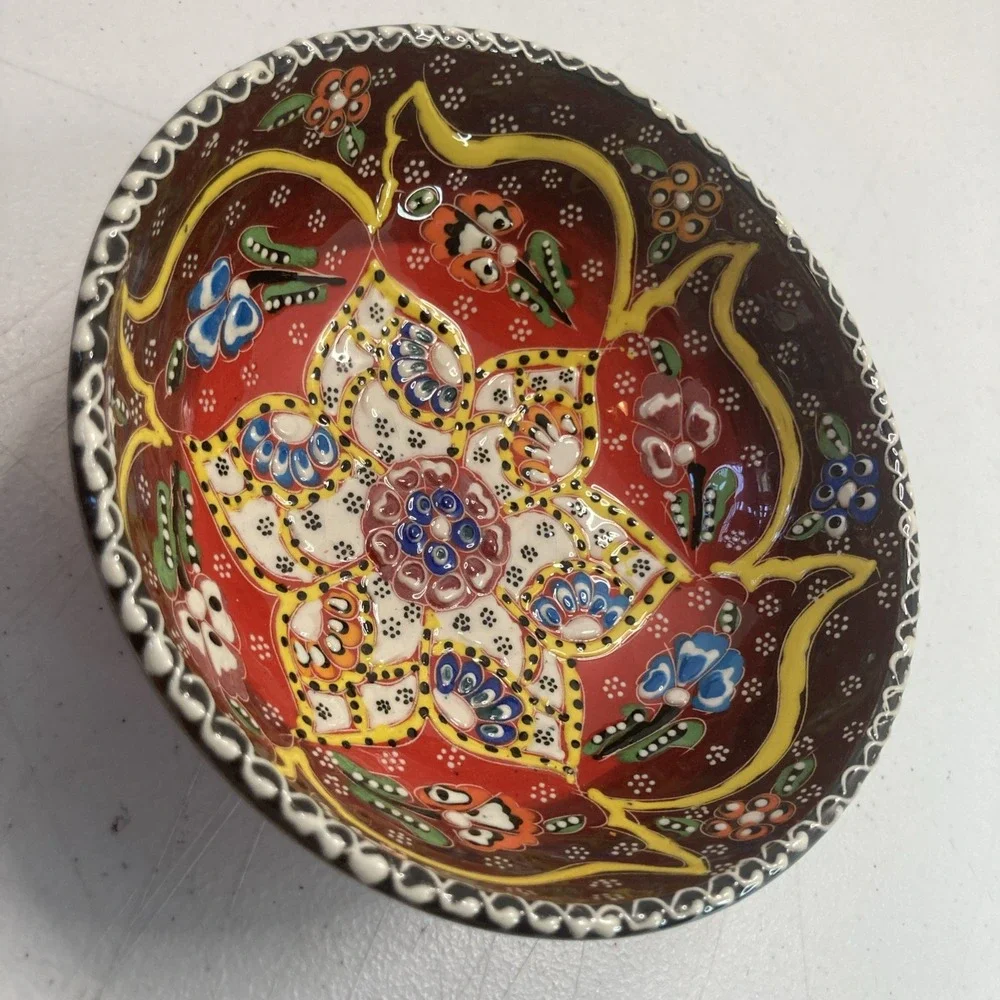 Vtg Turkish‎ Hand Painted Ceramic Floral Colorful Small Bowl 6.25